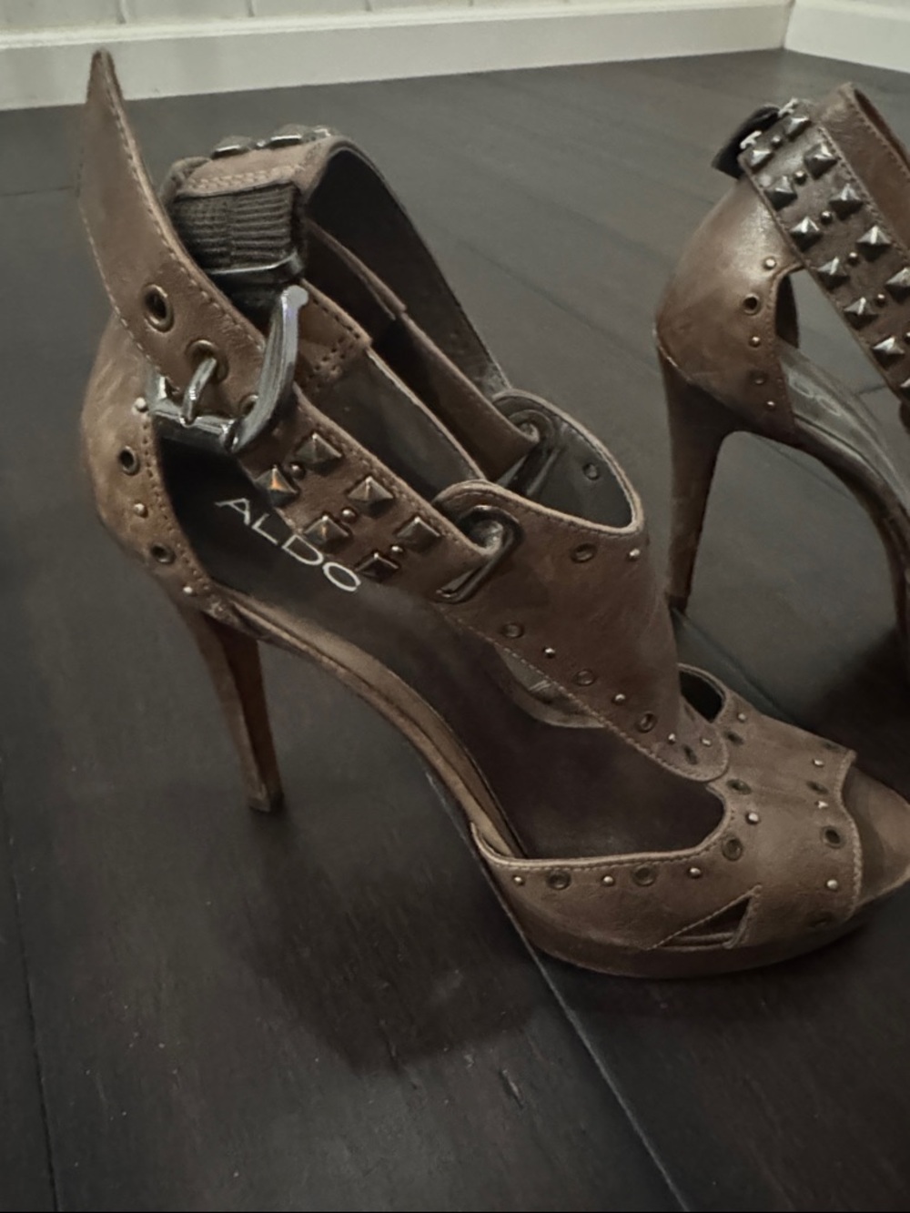 ALDO Brown Studded Peep-Toe Ankle Strap Heels